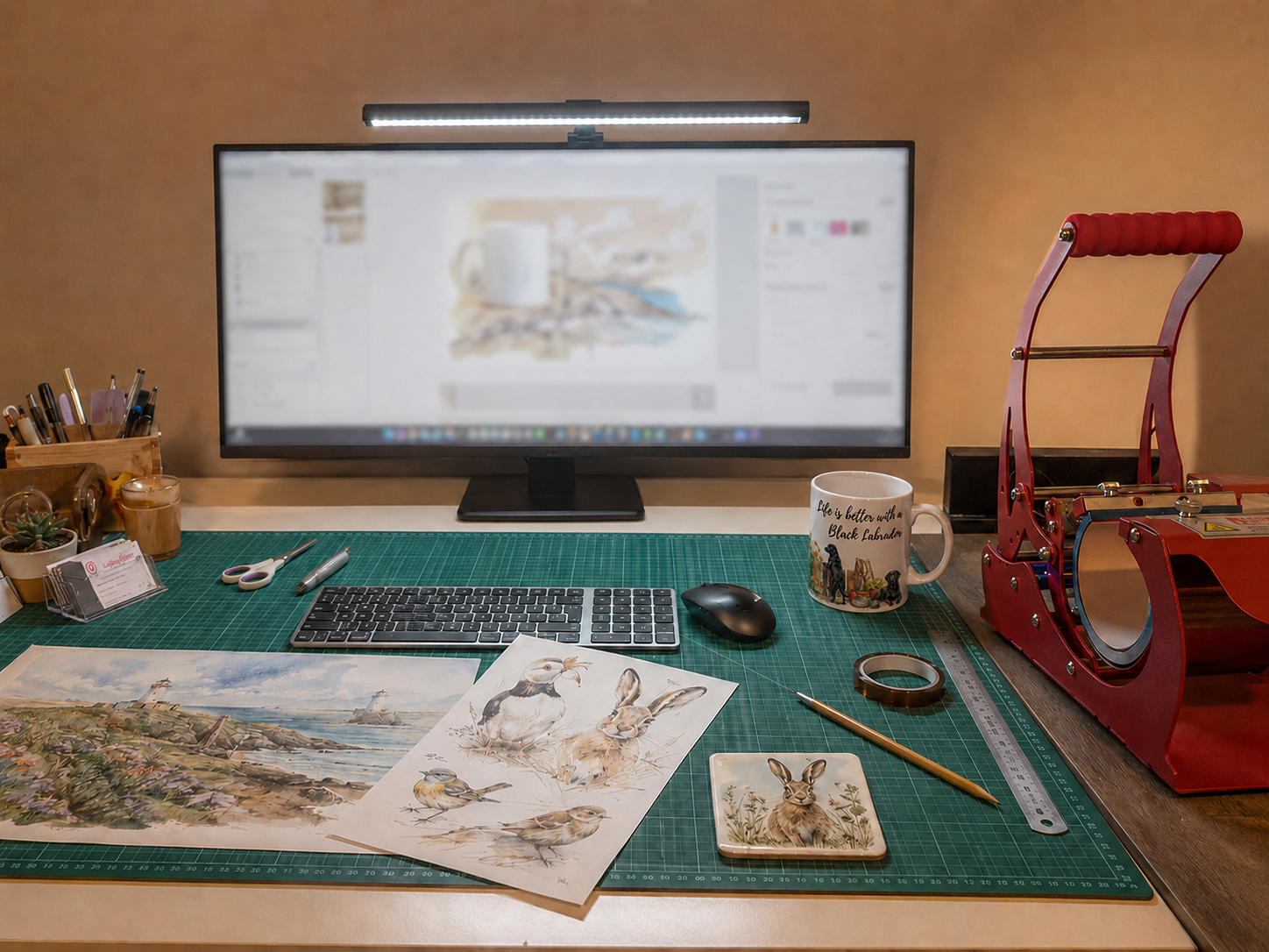 Elaine’s Lollipop Crafts workbench with original artwork, a Black Labrador mug and mug press